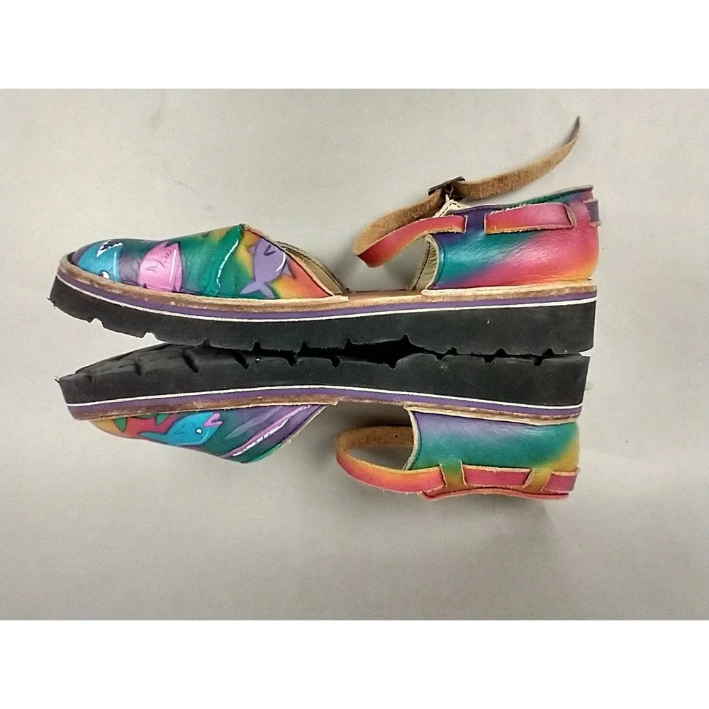 Those Shoes Hand Painted Leather Fish Shark‎ Mary Jane Flats Rainbow 7